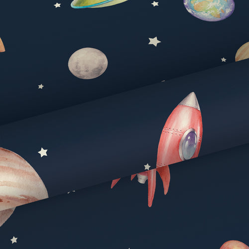 Sanders & Sanders behang planeten in de ruimte donkerblauw, groen en rood - 53 cm x 10.05 m - 935347