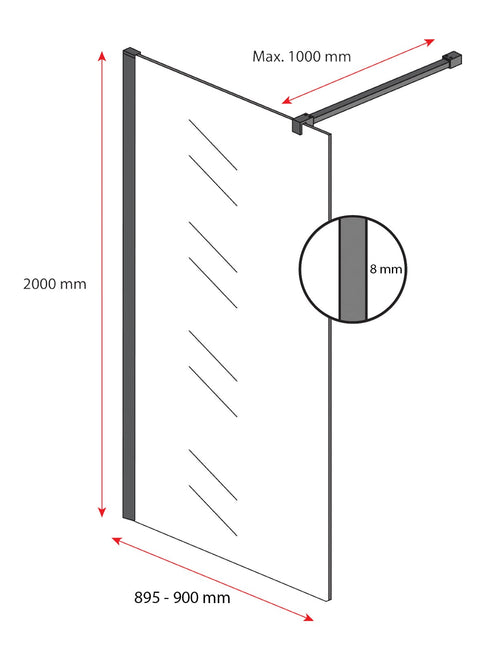 Badplaats Douchewand Rizani 90 x 200 cm – Zwart – Rookglas Inloopdouche 8 mm Veiligheidsglas