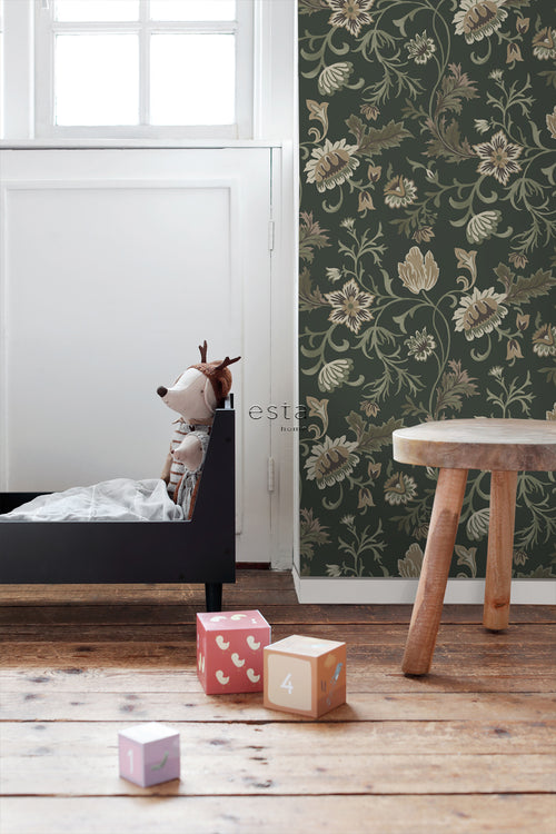 ESTAhome behang vintage bloemen zwart en groen - 53 cm x 10.05 m - 139417