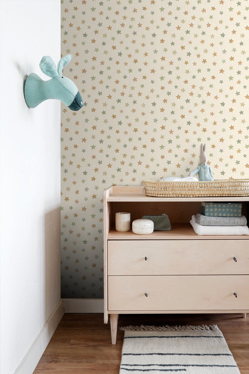 ESTAhome behang sterretjes groen en blauw en beige - 50 x 900 cm - 131707