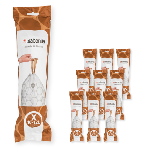 Brabantia PerfectFit Afvalzak, code X, 10-12 liter, 200 stuks, set van 10 rollen - White