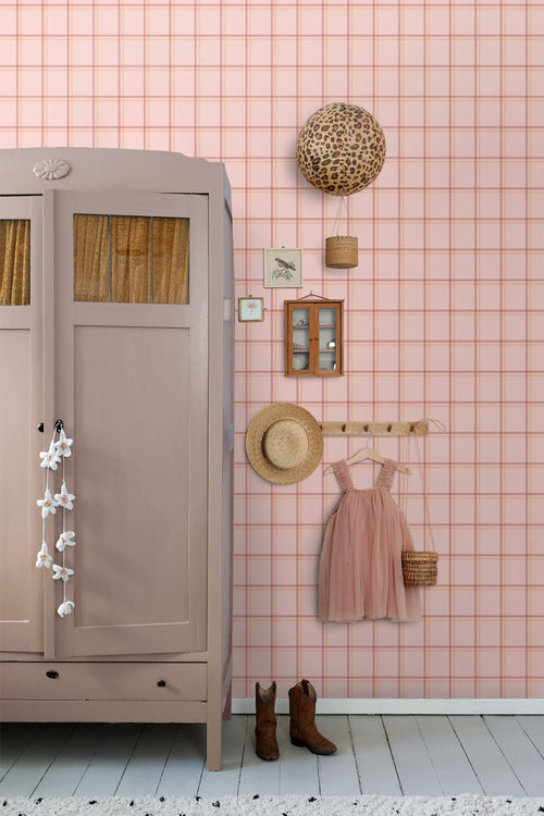 ESTAhome behang ruiten roze en oranje - 50 x 900 cm - 132167
