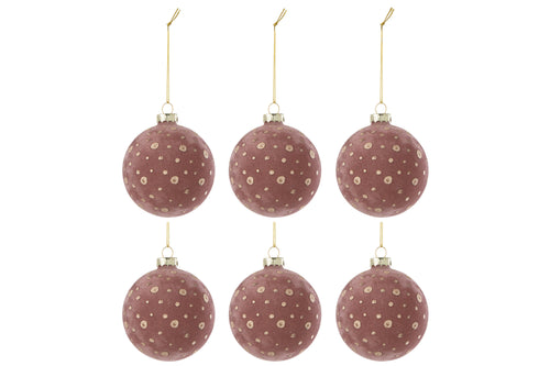 J-Line kerstbal Stippen - fluweel - lichtroze/goud - doos van 6