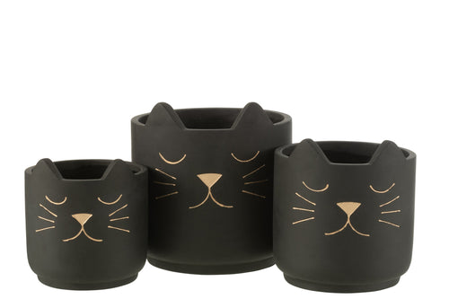 J-Line bloempot Kat - keramiek - zwart/goud - large - Ø 19 cm