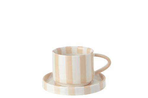 J-Line kopje + schoteltje Gestreept - steengoed - lichtbeige/wit - 4 stuks