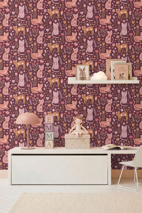 ESTAhome behang katjes aubergine paars en roze - 50 x 900 cm - 132183