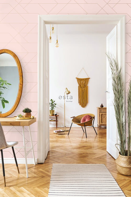 ESTAhome behang grafische lijnen zacht roze en goud - 53 cm x 10.05 m - 139211