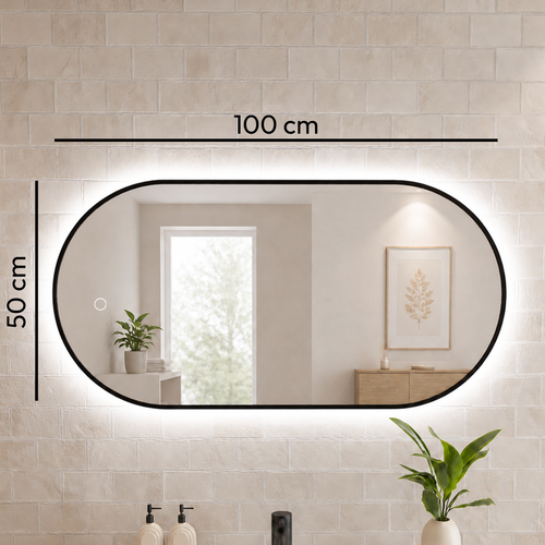 LOMAZOO badkamerspiegel Tanger - draaibaar - met LED verlichting & spiegelverwarming - ovaal - zwart - 100 x 50 cm