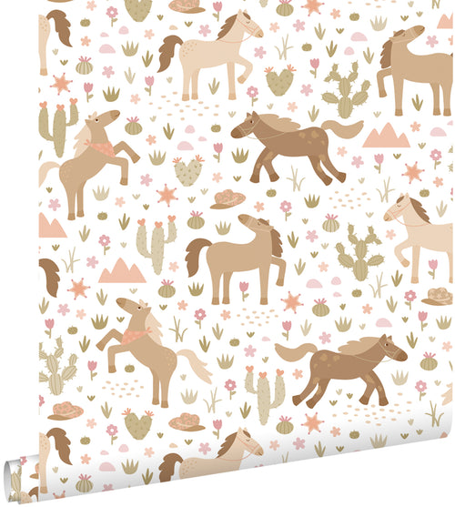 ESTAhome behang paarden bruin, groen en roze - 50 x 900 cm - 132193