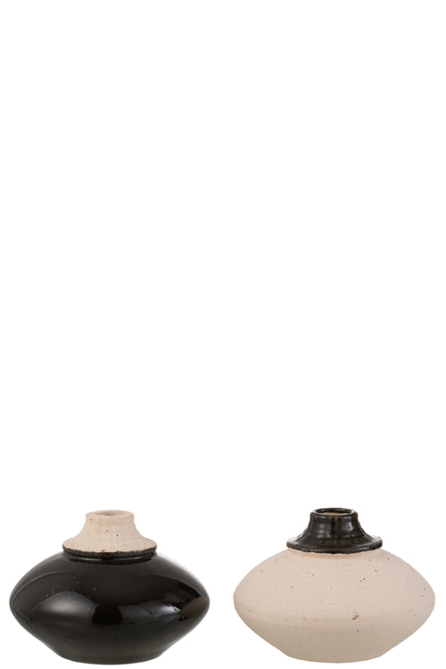 J-Line vaas Klein Rond - keramiek - zwart/beige - 2 stuks - Ø 13 cm