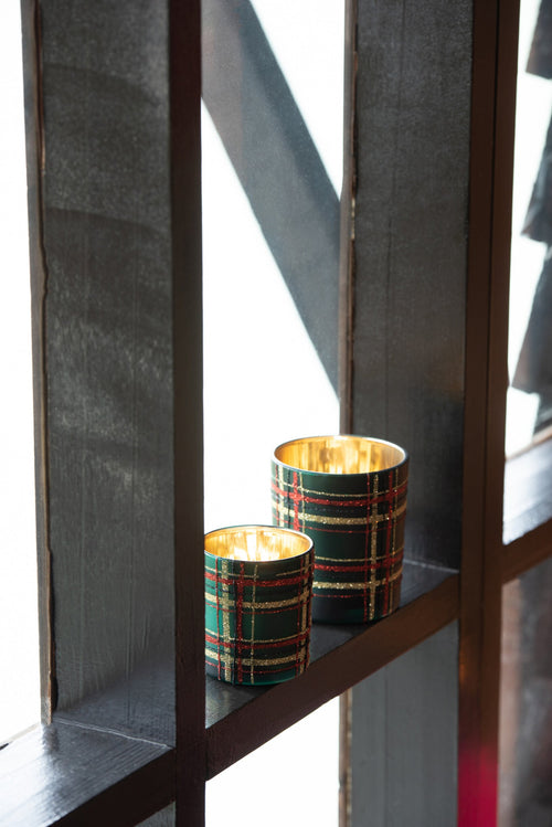 J-Line theelichthouder Geruit - glas - rood/groen - large - 2 stuks