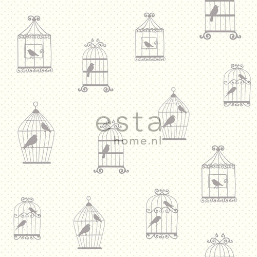 ESTAhome behang getekende vogelkooitjes zilver - 53 cm x 10.05 m - 137339