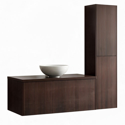 LOMAZOO badmeubelset Tropani - geribbeld - opbouw - met hoge kast & witte waskom - walnoot - 100 cm