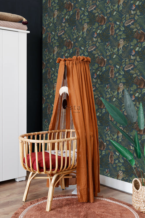 ESTAhome behang bosdieren donkerblauw, groen en bruin - 53 cm x 10.05 m - 139250