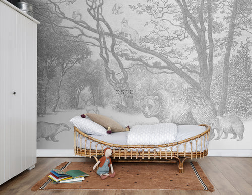 ESTAhome fotobehang bos met bosdieren grijs - 350 x 279 cm - 159065 - vtwonen shop