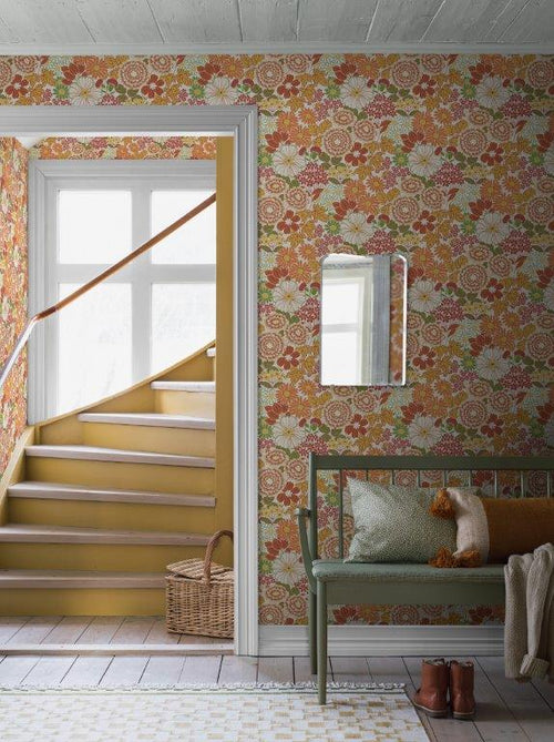 Borastapeter behang retro bloemen oranje - 53 cm x 10.05 m - 661022 - vtwonen shop