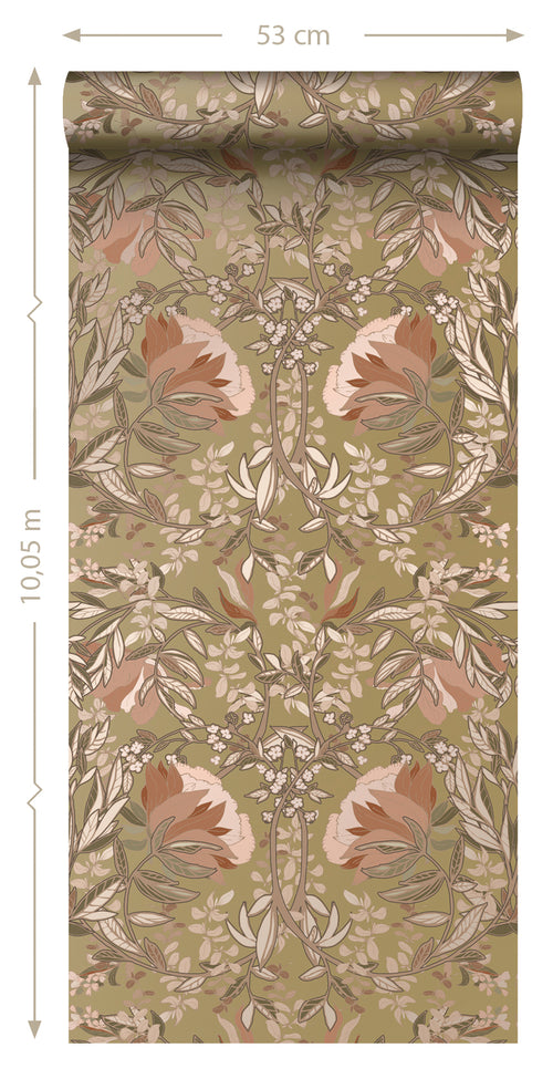 ESTAhome behang vintage bloemen in art nouveau stijl goud en terracotta roze - 0.53 x 10.05 m - 139568 - vtwonen shop