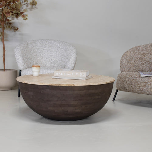 Giga Meubel Salontafel Aiden Rond - Travertin/Hout - Donkerbruin - 90x90x38cm