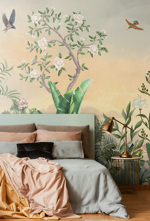 ESTAhome fotobehang tropische jungle bladeren en paradijsvogels groen en meerkleurig - 400 x 279 cm - 159463 - vtwonen shop