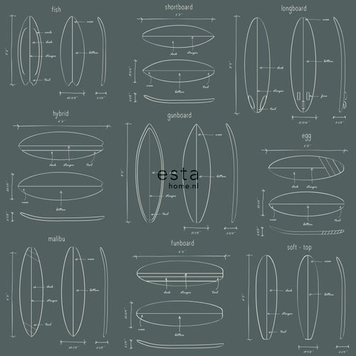 ESTAhome behang technische tekeningen van surfplanken vergrijsd groen - 0,53 x 10,05 m - 128870 - vtwonen shop