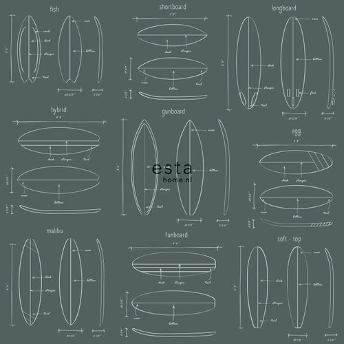 ESTAhome behang technische tekeningen van surfplanken vergrijsd groen - 53 cm x 10.05 m - 128870