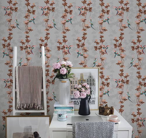 Walls4You behang tropische planten grijs en terracotta - 53 cm x 10 m - 640111