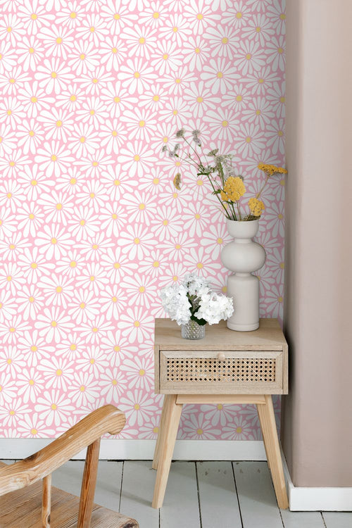 ESTAhome behang madeliefjes licht roze en geel - 50 x 900 cm - 131813