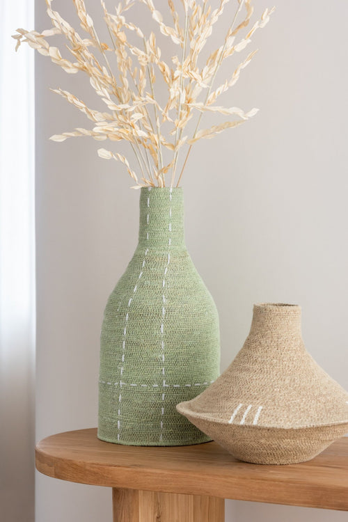 J-Line vaas Flesvorm Stippellijnen - zeegras - groen/wit - 50 cm hoog