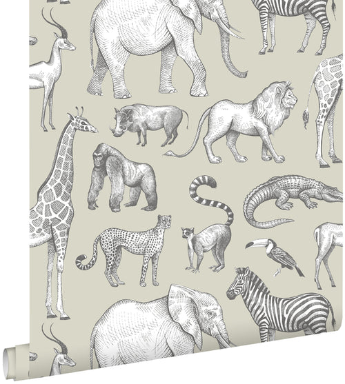 ESTAhome behang jungle dieren groen grijs - 53 cm x 10.05 m - 139270
