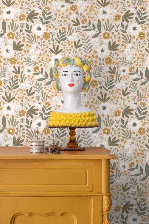 ESTAhome behang bloemetjes vergrijsd groen en bruin - 50 x 900 cm - 131068 - vtwonen shop