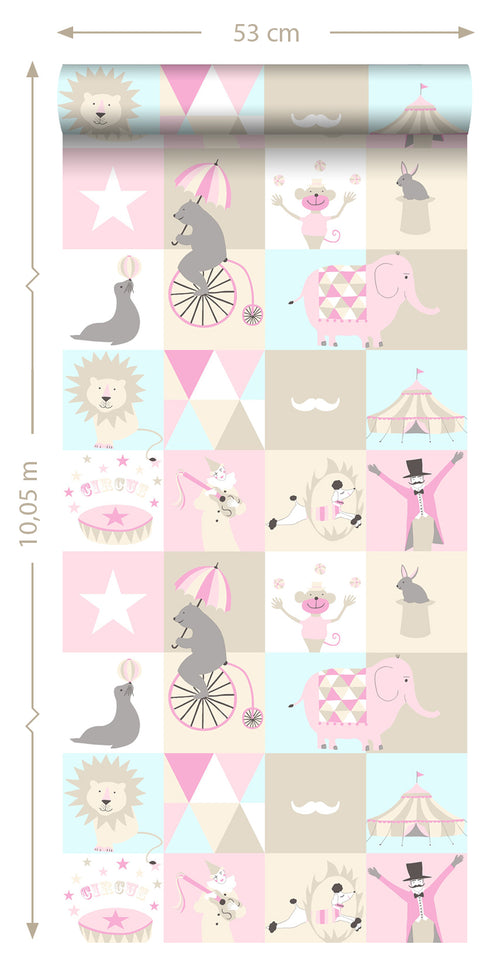 ESTAhome behang circus figuren licht roze, lichtblauw en beige - 53 cm x 10.05 m - 138711