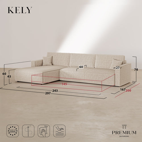 Premium Interiors - Linkshoekbank met slaapfunctie en opbergruimte  - stof met tweed-effect beige 197cm