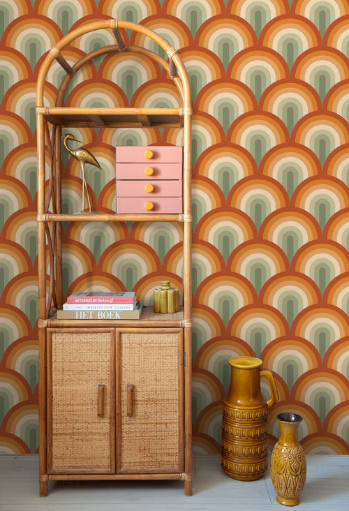 ESTAhome behang art deco bogen groen en oranje - 50 x 900 cm - 131773