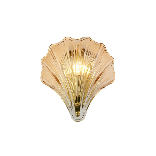 Searchlight Shell 1-lichts wandlamp, satijnen messing metaal en amberkleurig glas IP44