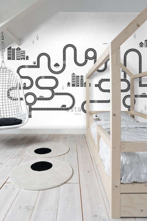 ESTAhome fotobehang getekende straat zwart wit - 279 x 279 cm - 159099 - vtwonen shop