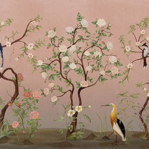 Sanders & Sanders fotobehang bloemen en vogels roze en groen - 424 x 280 cm - 640799