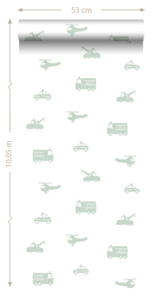 ESTAhome behang auto's, brandweerauto's, helikopters en kranen groen 53 cm x 10.05 m 128856