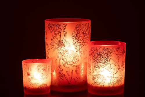 J-Line windlicht bloemen - glas - mat rood/goud - large