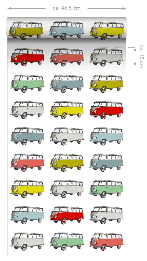 ESTAhome XXL behang vintage transporters geel, blauw, grijs, rood en groen - 50 x 900 cm - 158713 - vtwonen shop