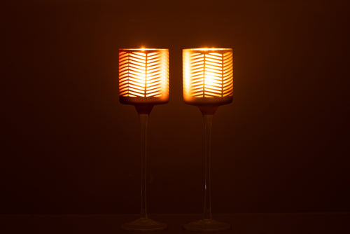 J-Line theelichthouder Op Voet Zigzag - glas - goud/bruin - small - 2 stuks