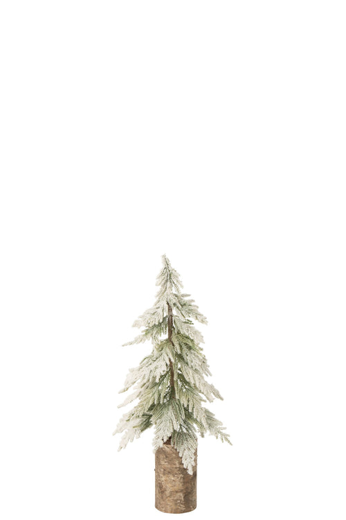 J-Line Besneeuwde kerstboom met houten voet - polyethyleen - wit/naturel - small