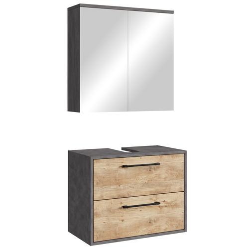 Badplaats Wastafelkast Set Florence 60 x 35 cm – Kastanje Eiken met Donker Grijs – Badmeubel met Spiegelkast