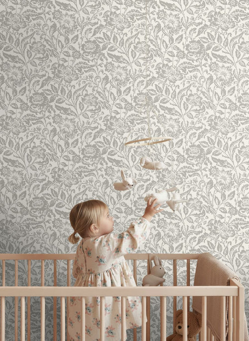 ESTAhome behang vintage bloemen grijs en wit - 50 x 900 cm - 132112