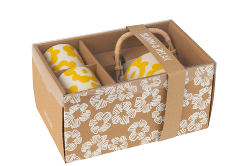 J-Line theepot Bloemen - keramiek - geel - doos van 3 stuks