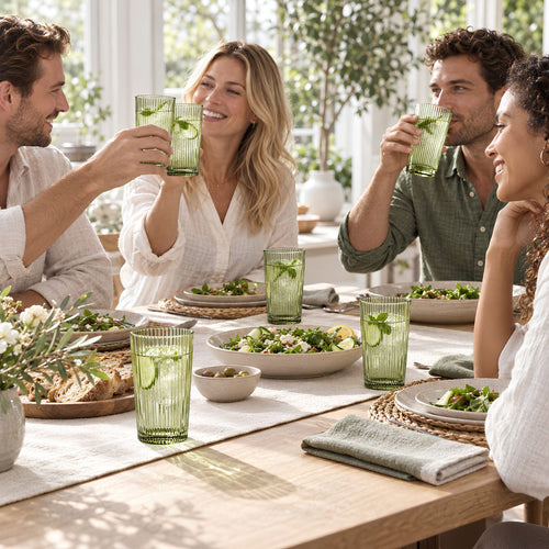 Mica Decorations Grigio Drinkglazen Groen - Set van 6 - Longdrinkglazen van Glas met Subtiele Ribbelstructuur - Voor Water, Frisdrank en Cocktails -