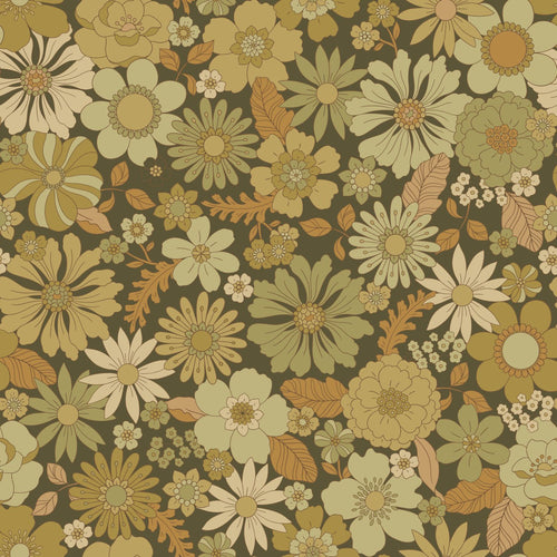ESTAhome behang retro bloemen olijfgroen - 50 x 900 cm - 130967 - vtwonen shop