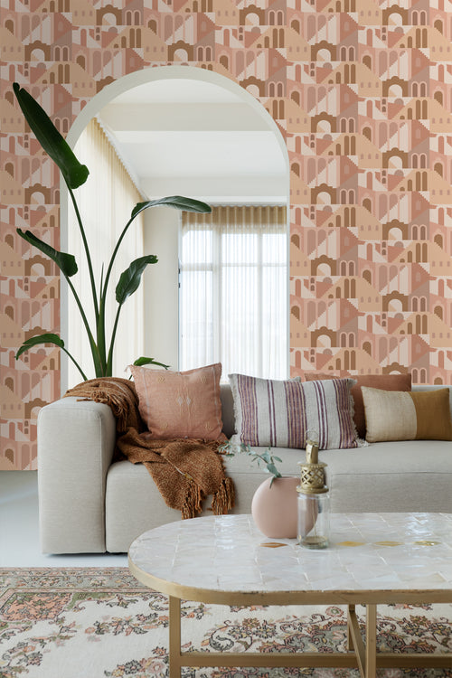 ESTAhome behang mediterrane huisjes terracotta roze - 50 x 900 cm - 139627 - vtwonen shop