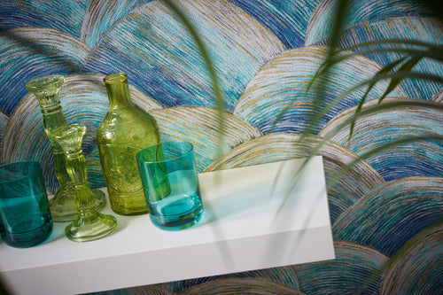 Livingwalls behang art deco bogen blauw, turquoise, goud en grijs - 53 cm x 10.05 m - AS-391051