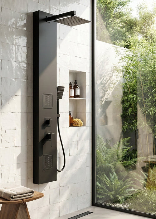 Badplaats Douchepaneel Hudson 120 x 20 cm - Zwart - Doucheset van PVC met Mengkraan en Douchekop