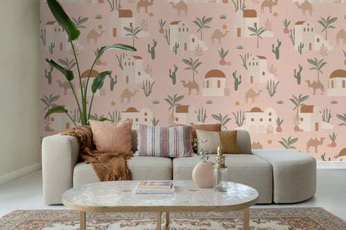 ESTAhome fotobehang kamelen en cactussen zacht roze, terracotta en groen - 200 x 279 cm - 159295 - vtwonen shop